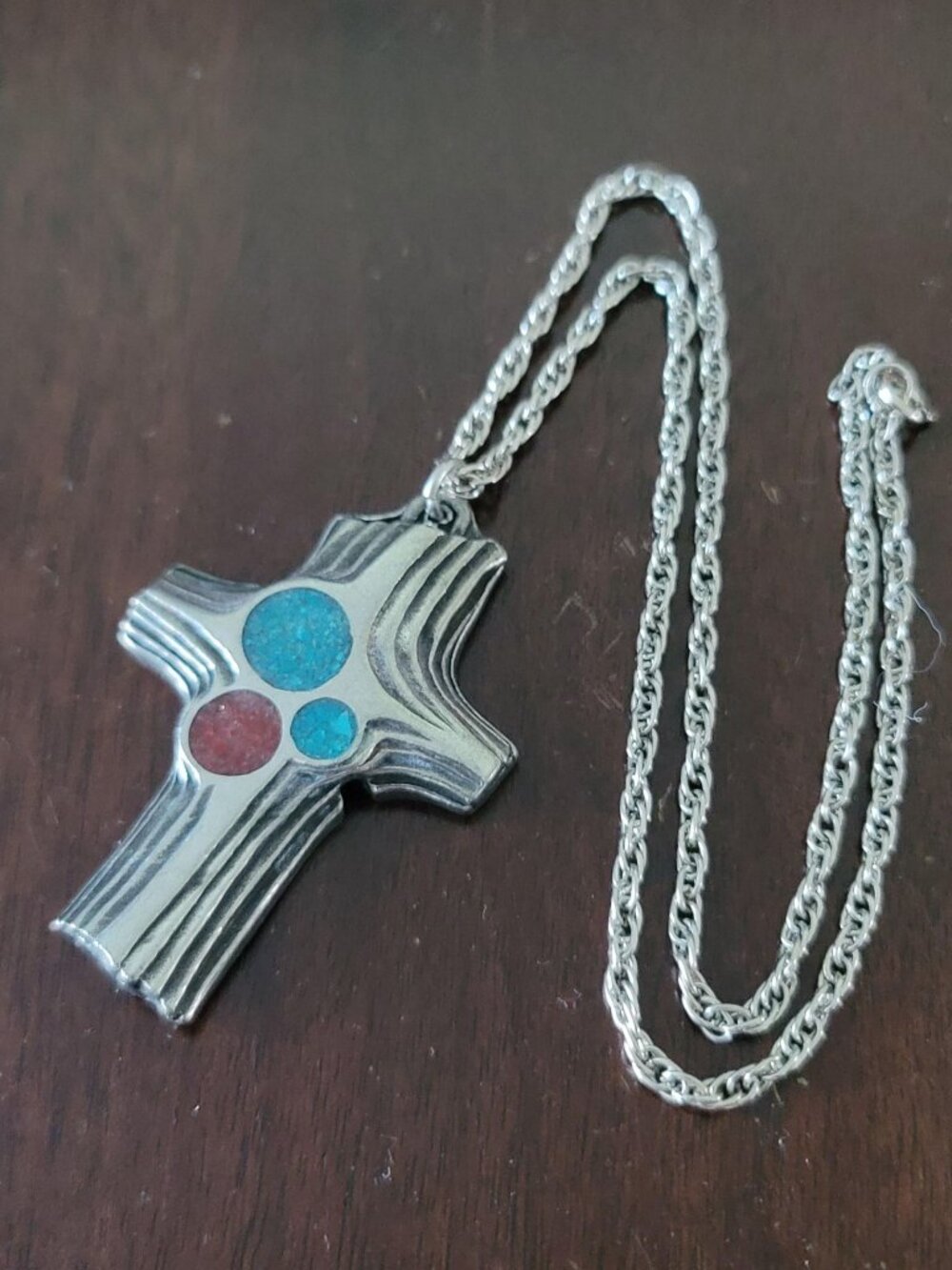 Vintage Southwestern Silver Tone Cross Pendant Necklace